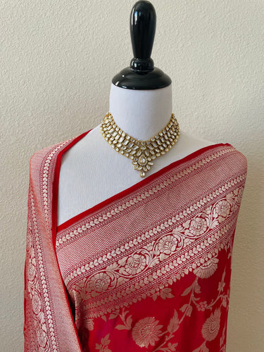 Banarasi Pure Chiffon Saree with Hearts Border | Red | Gold Water Zari, Handwoven | Ships from California